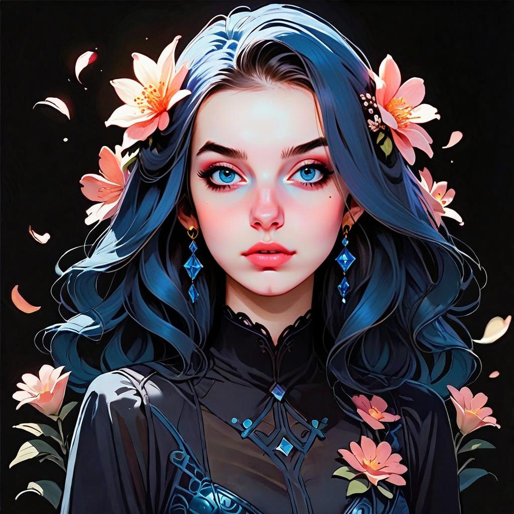 Fantasy Digital Portrait of Young Woman with Blue Hair and Pink Flowers