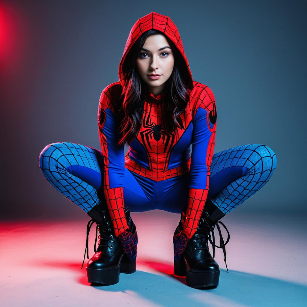 Woman in Realistic Spider-Man Costume Crouching Pose