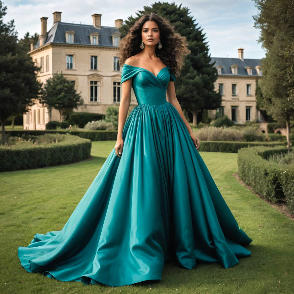 Elegant Woman in Teal Gown in Garden