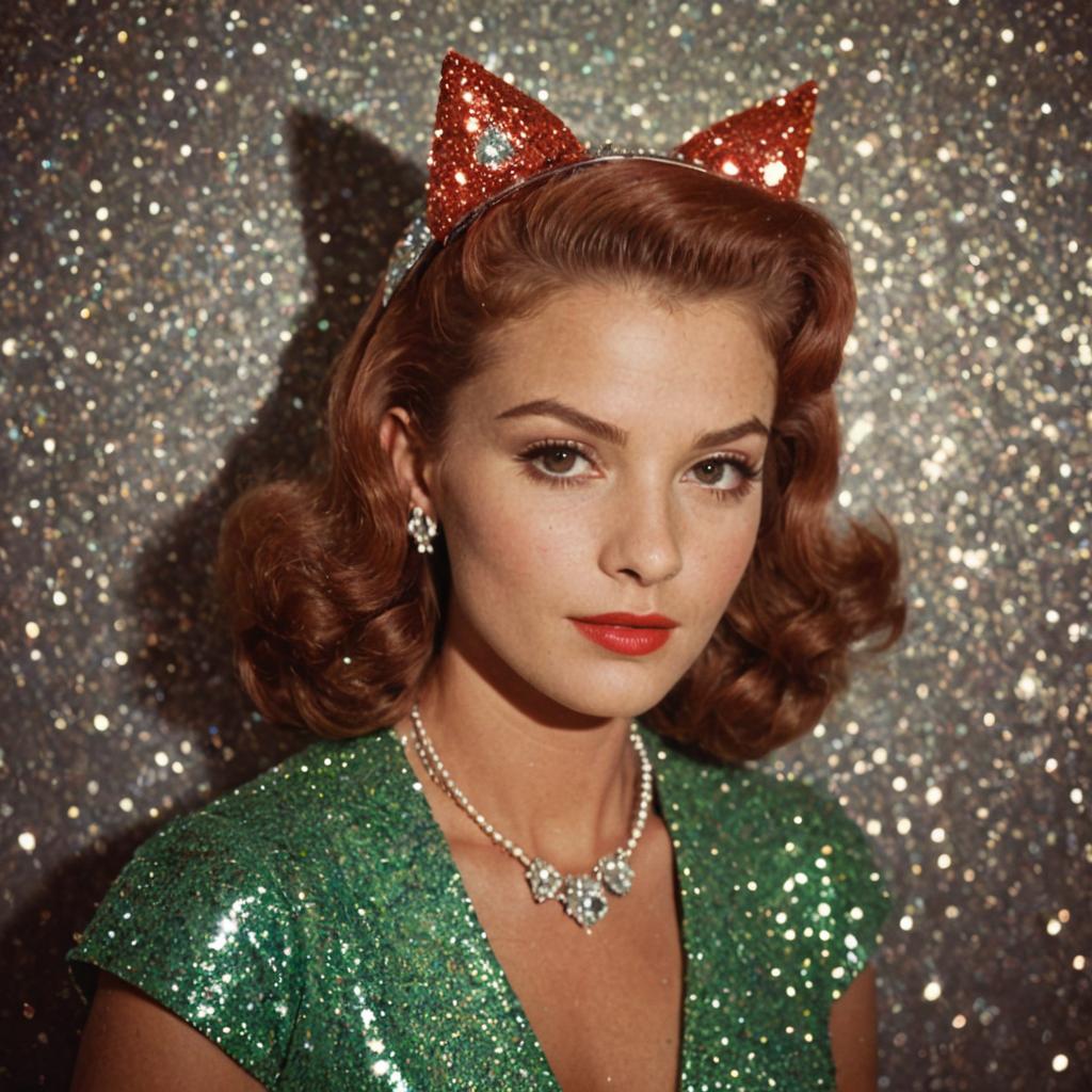 Glamorous Woman in Green Outfit with Cat Ear Headband