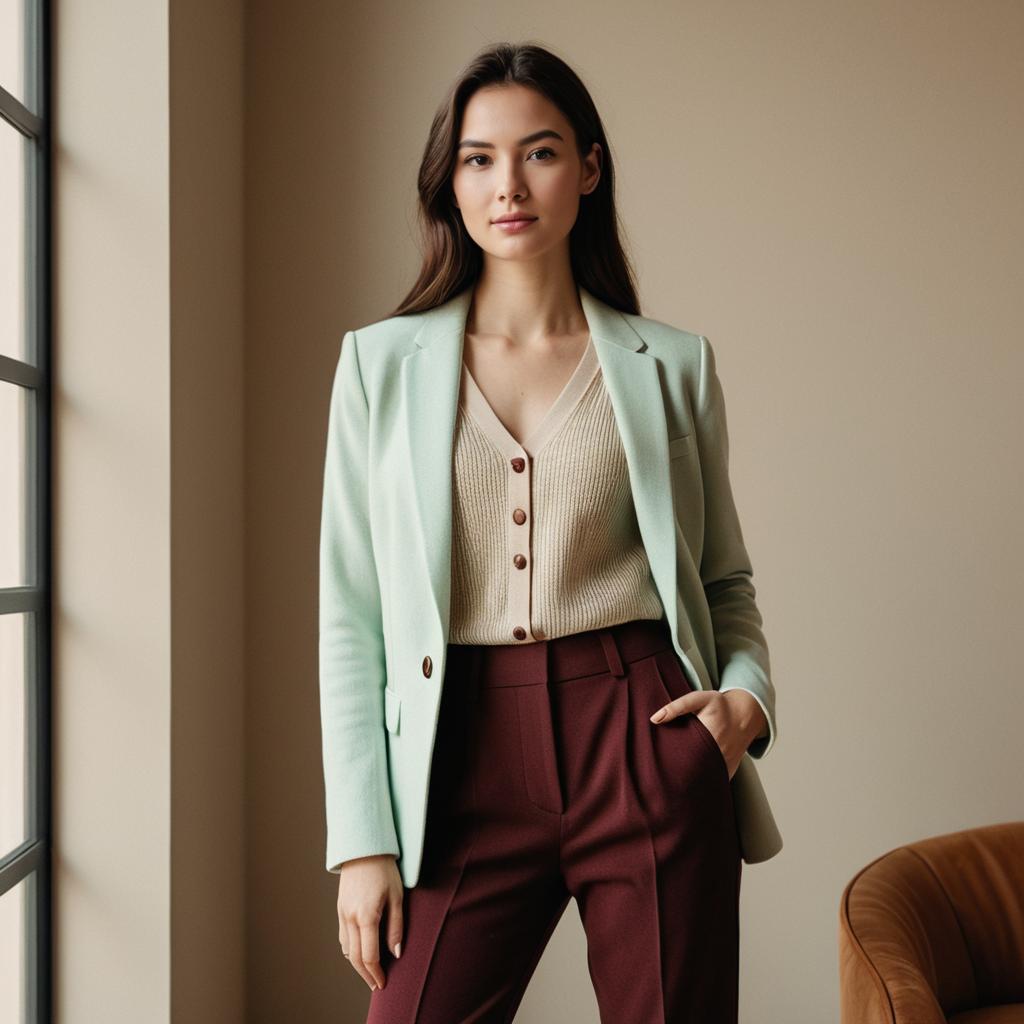 Stylish Woman in Pastel Blazer and Burgundy Trousers Indoor Portrait
