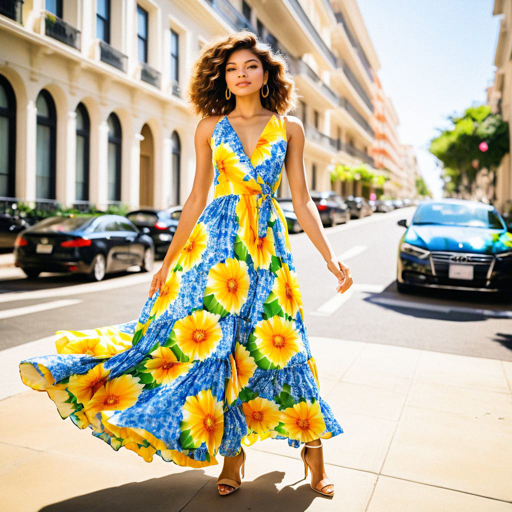 Vibrant Summer Scene with Woman in Floral Maxi Dress