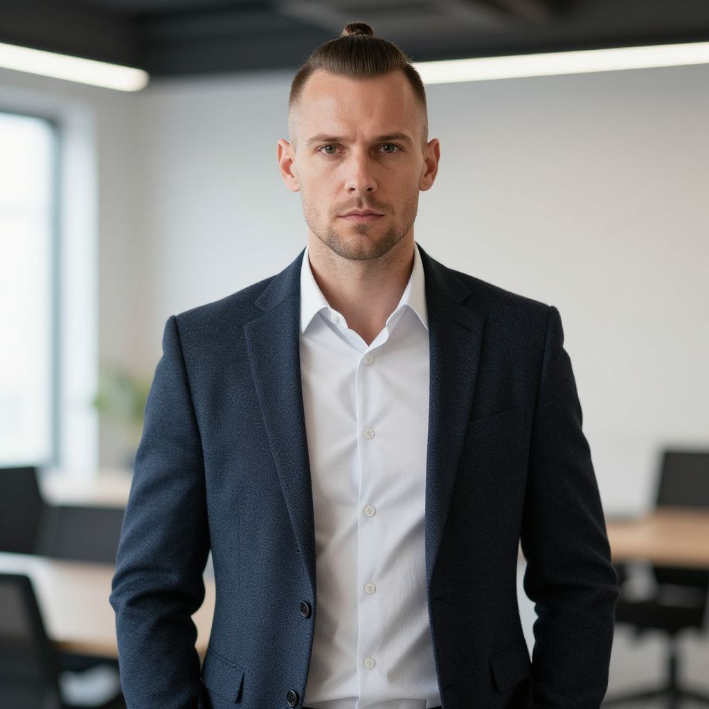 Confident Young Man in Navy Blazer Top Knot Hairstyle in Modern Office
