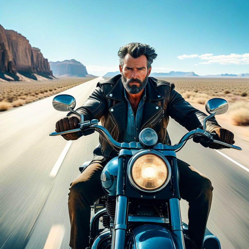 Rugged Man on Classic Motorcycle in Desert