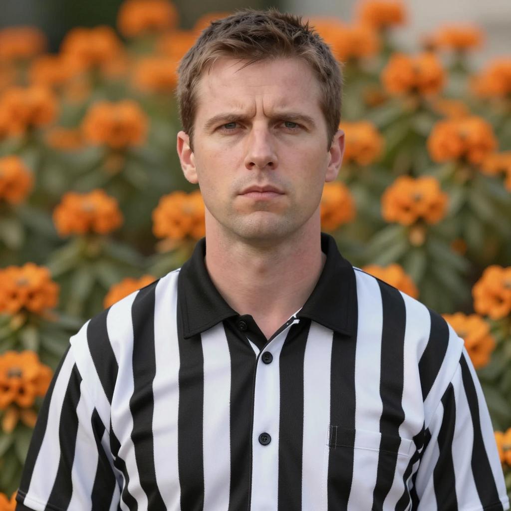 Serious Male Referee in Black and White Striped Shirt with Orange Flowers Background