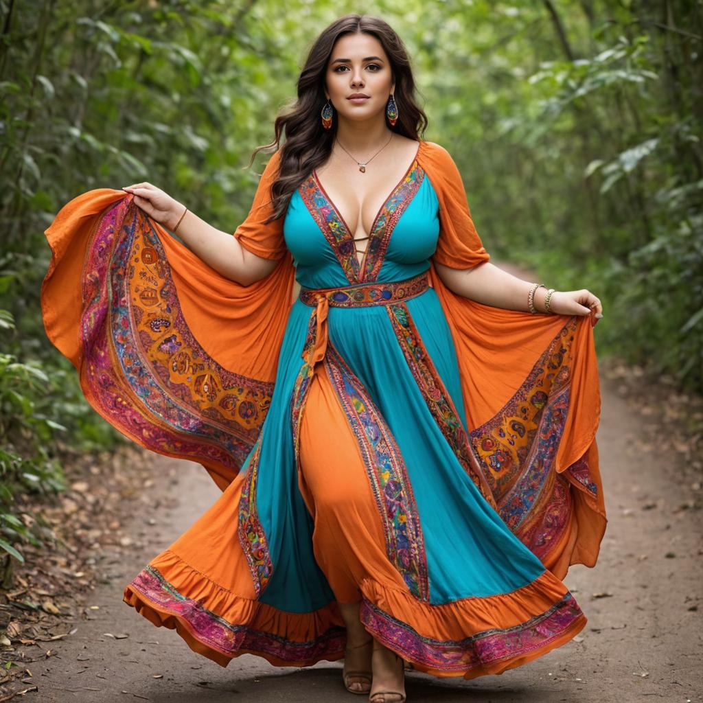 Woman in Bohemian Dress on Leafy Path