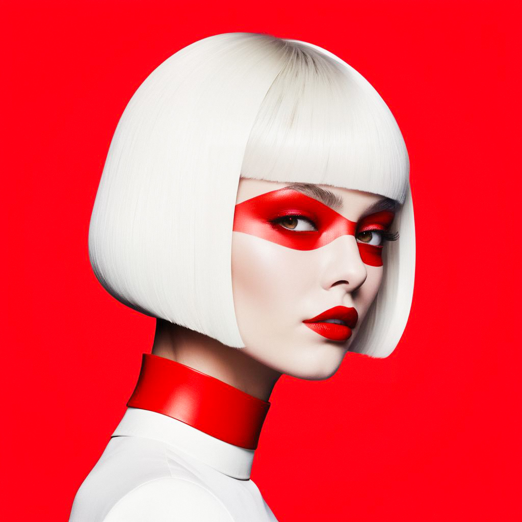Futuristic Woman with Platinum Bob and Red Makeup