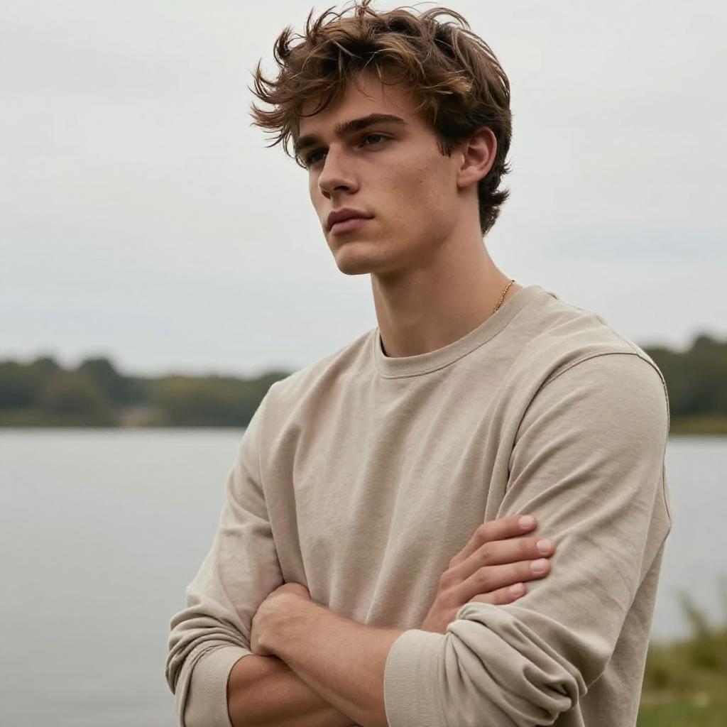 Pensive Young Man in Casual Beige Sweatshirt by the Lake