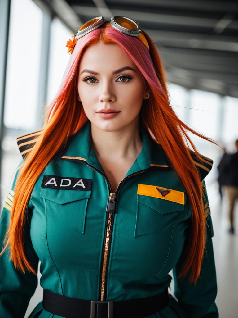 Woman in Green Flight Suit with Orange Hair and Aviator Goggles