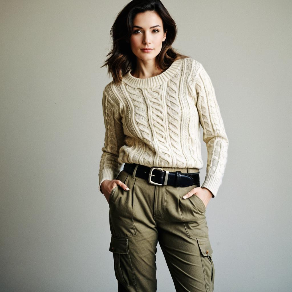 Woman in Cream Cable Knit Sweater and Olive Cargo Pants