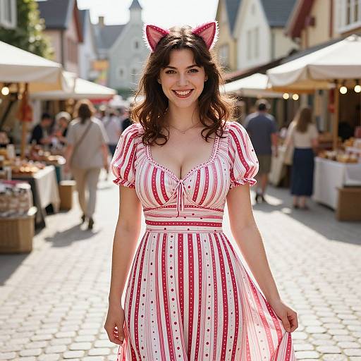 Smiling Woman in Red and White Striped Dress with Cat Ears at Street Market