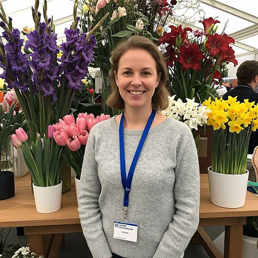 Smiling Woman at Flower Exhibition with Vibrant Tulips and Daffodils