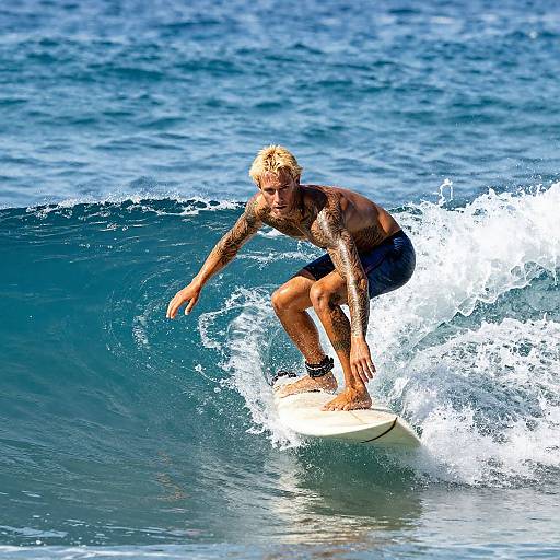 Tattooed Man Surfing on Ocean Wave on White Surfboard