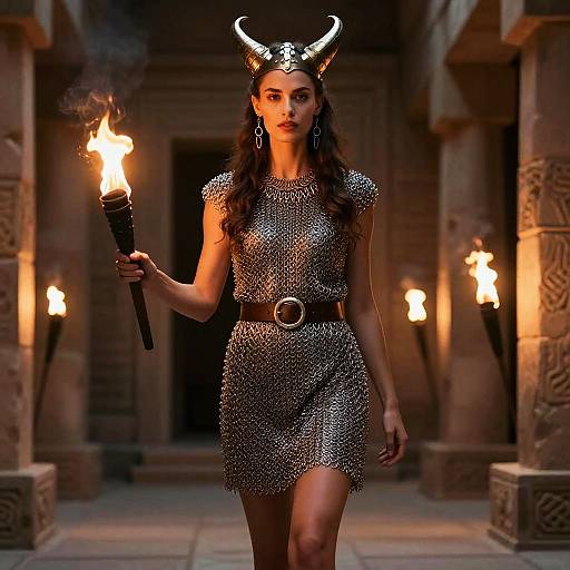 Woman in Viking Horned Helmet and Chainmail Dress Holding Torch in Ancient Corridor