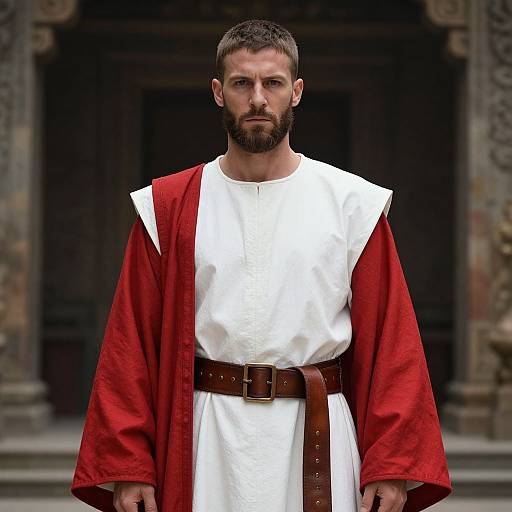 Man Wearing Roman Tunic and Red Cloak in Historic Setting