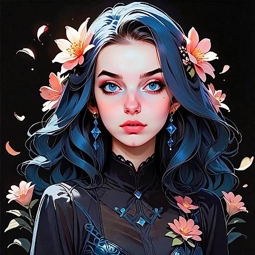 Fantasy Digital Portrait of Young Woman with Blue Hair and Pink Flowers