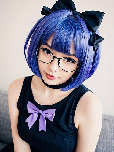 Young Woman with Purple Bob Hair and Glasses in Stylish Cosplay Look