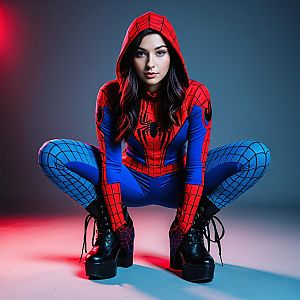 Woman in Realistic Spider-Man Costume Crouching Pose