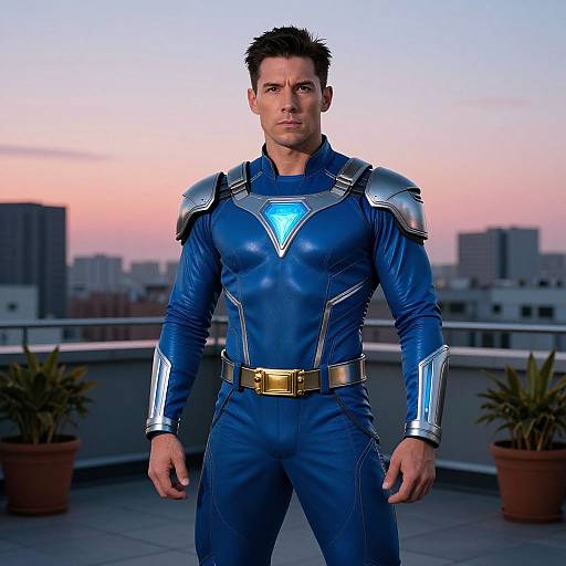 Futuristic Superhero Man in Blue Armored Suit on Rooftop