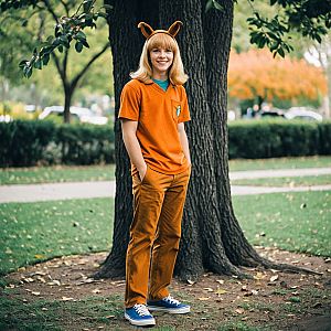 Man in Orange Outfit with Animal Ears in Park