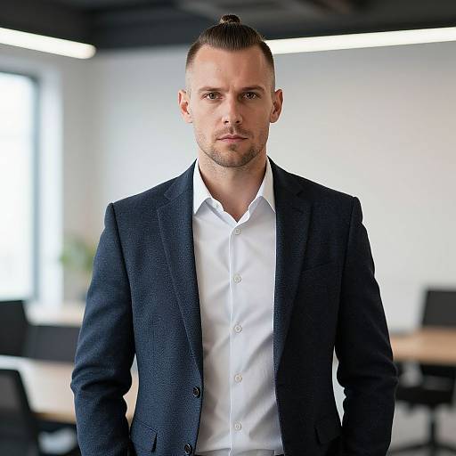 Confident Young Man in Navy Blazer Top Knot Hairstyle in Modern Office