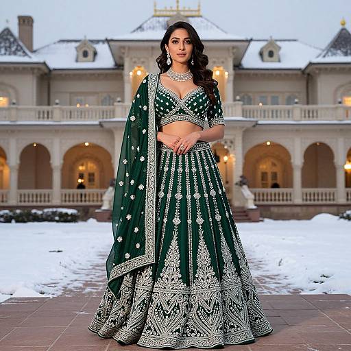 Elegant Woman in Embroidered Green Traditional Lehenga Outdoors