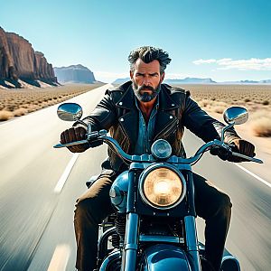 Rugged Man on Classic Motorcycle in Desert