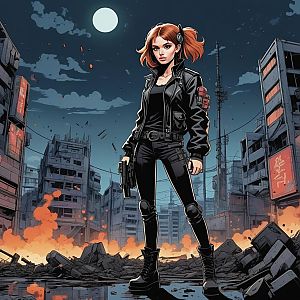 Confident Red-Haired Woman in Tactical Outfit Amid Urban Battlefield