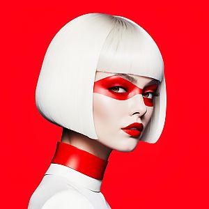 Futuristic Woman with Platinum Bob and Red Makeup