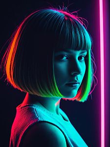 Neon Lit Portrait of Woman with Colorful Bob Hairstyle in Cyberpunk Style
