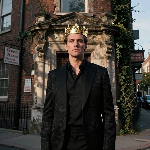 Confident Man Wearing Crown and Black Patterned Suit in Urban Setting