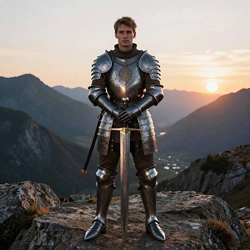 Man in Medieval Armor Standing on Mountain at Sunset with Sword