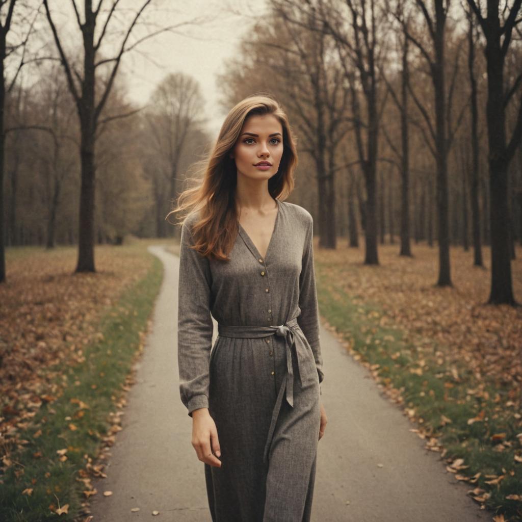 Woman in Vintage Dress in Autumn Park