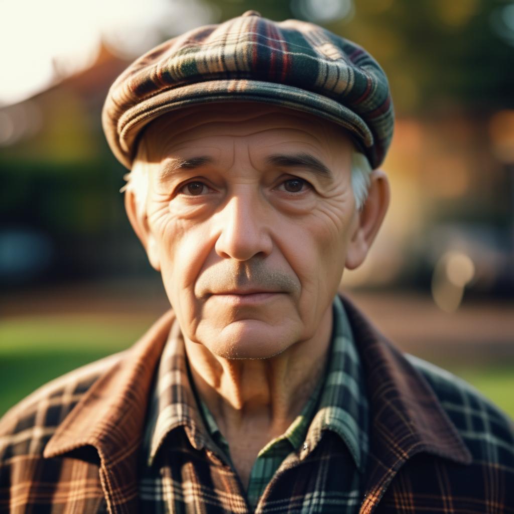 Elderly Man in Plaid Cap and Patterned Jacket