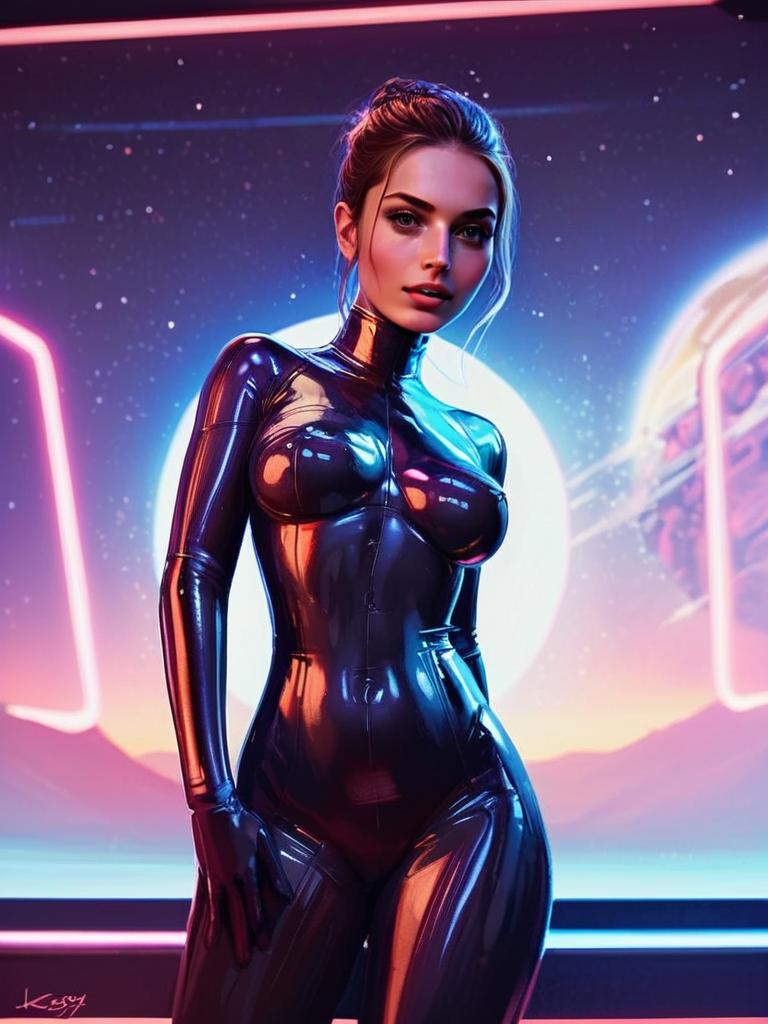 Futuristic Woman in Glossy Black Bodysuit with Neon Sci-Fi Background