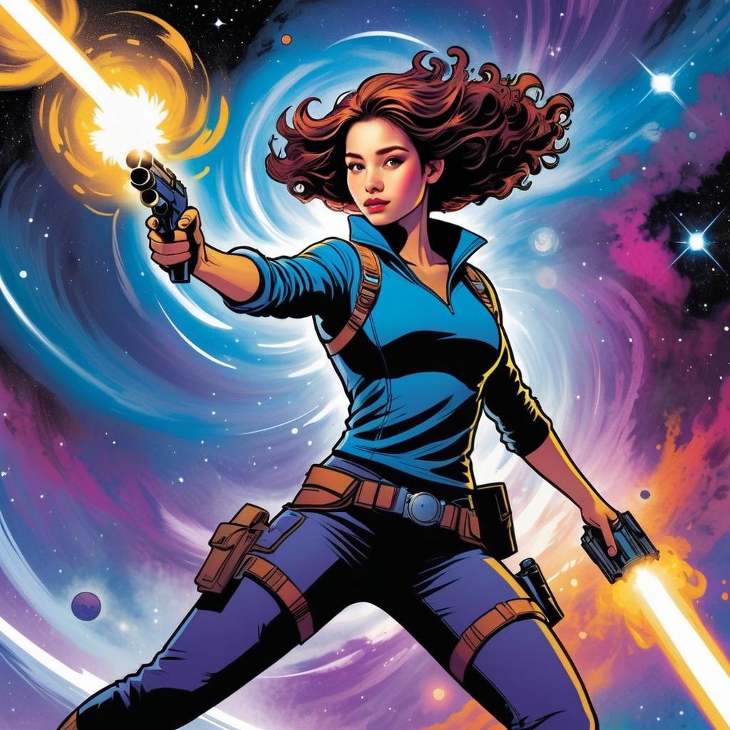 Confident Woman Firing Guns in Cosmic Scene
