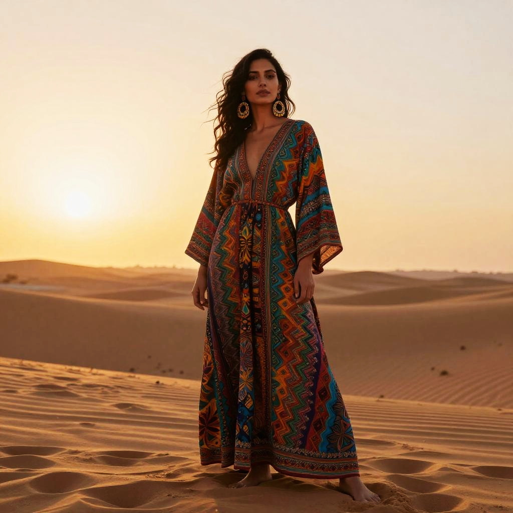 Bohemian Woman in Colorful Maxi Dress Standing in Desert at Sunset