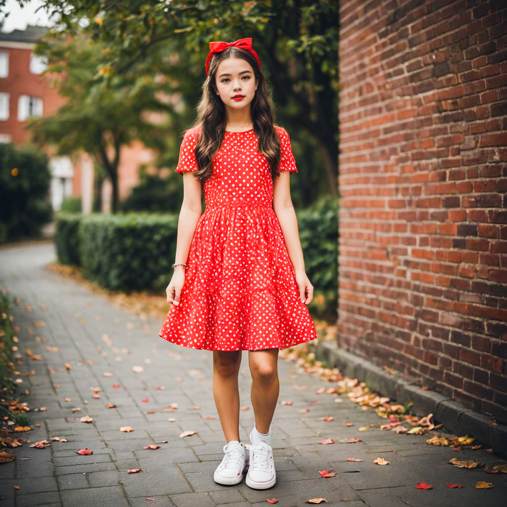 Girl in Red Polka-Dot Dress on Cobblestone Path