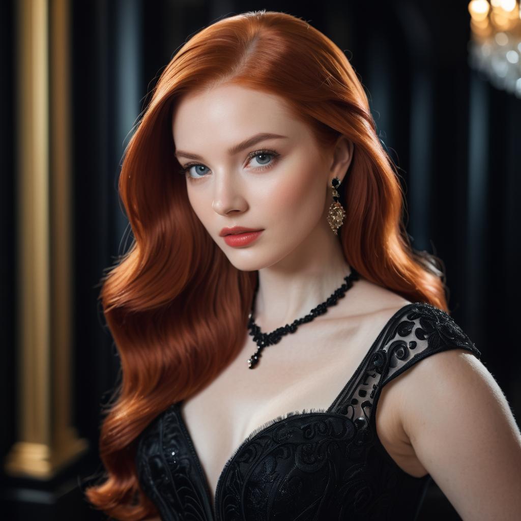 Elegant Woman with Red Hair in Black Gown