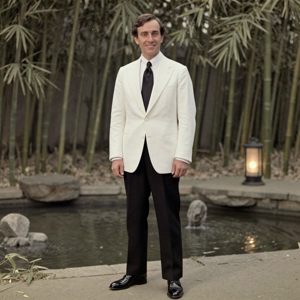 Man in White Blazer Standing by Bamboo Pond in Elegant Outdoor Setting