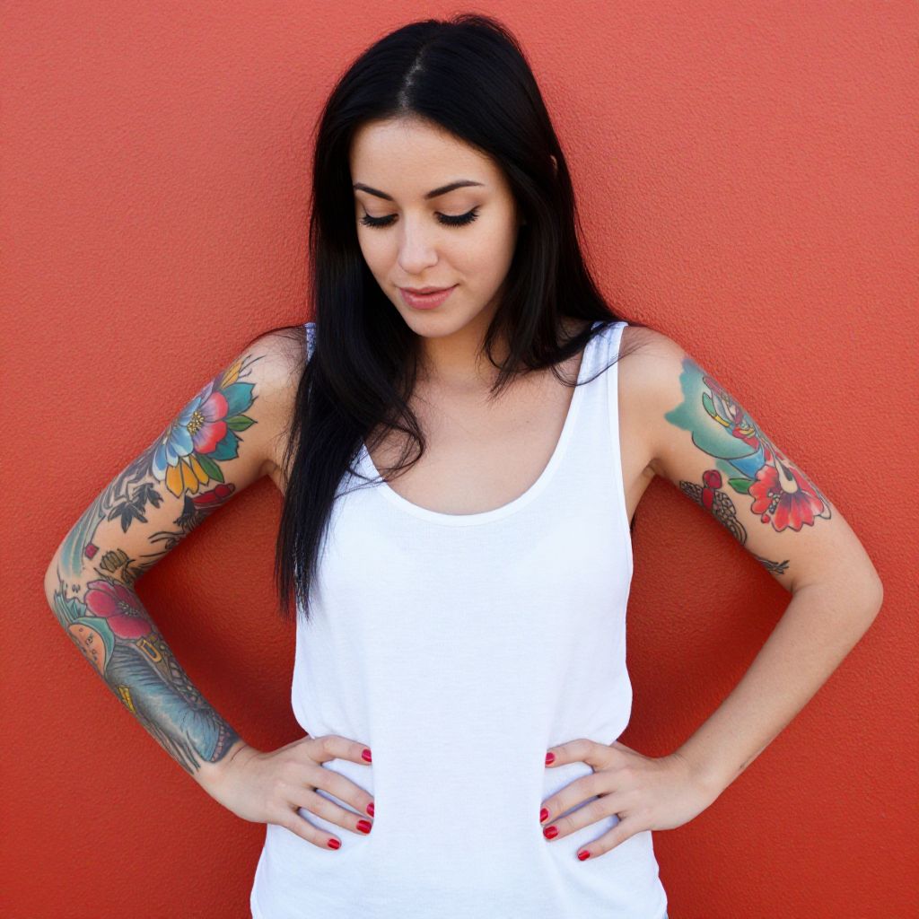 Woman with Colorful Floral Tattoos in White Tank Top Against Orange Wall
