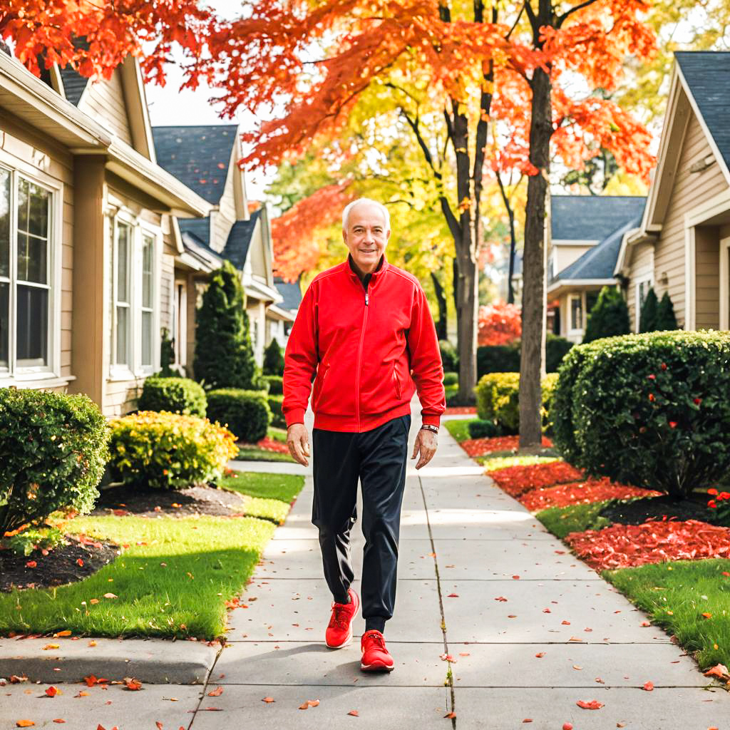 Cheerful Older Man Walking in Autumn