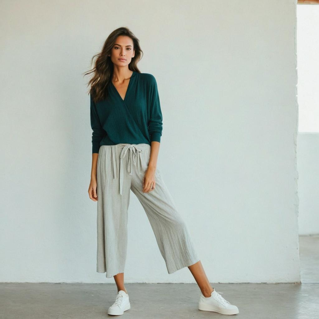 Confident Woman in Green Wrap Top and Gray Pants Confident Woman in Green Wrap Top and Gray Pants