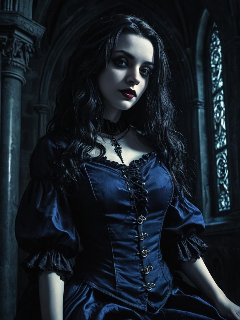 Gothic Woman in Dark Vintage Dress with Medieval Architecture