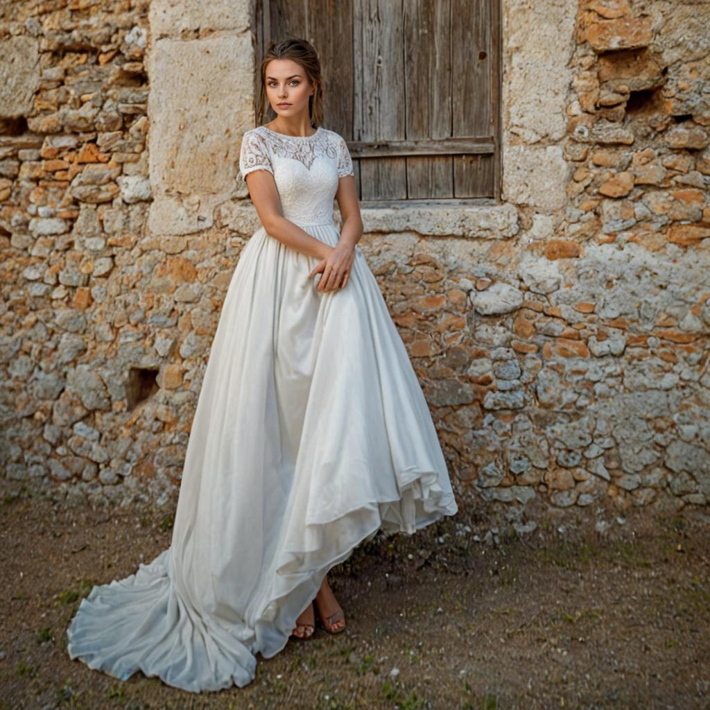 Elegant Bride in Lace Gown by Stone Building