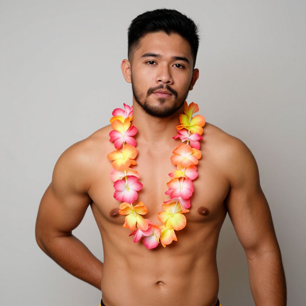 Portrait of Shirtless Man Wearing Colorful Floral Lei Against Gray Background