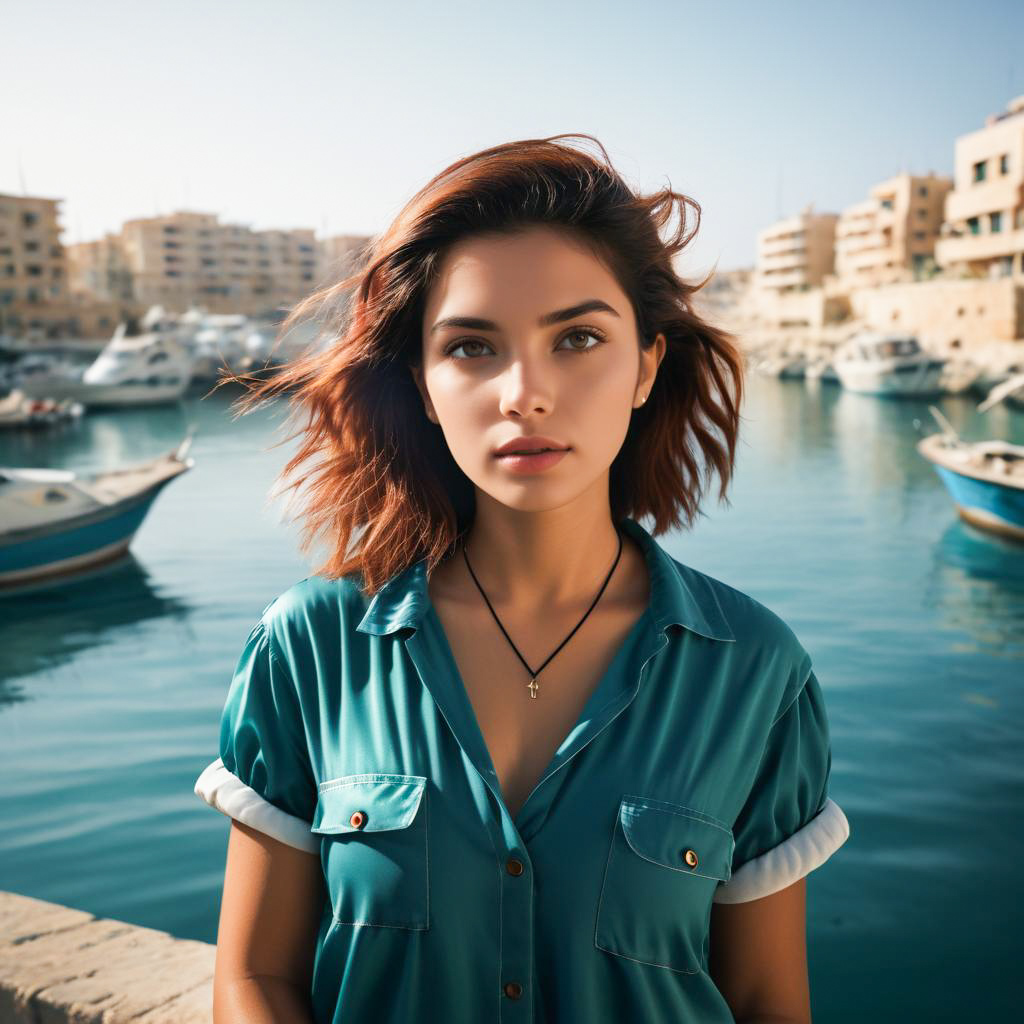 Young Woman by Picturesque Harbor