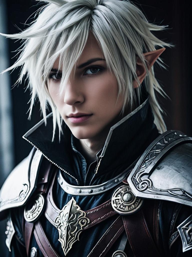 Photorealistic Final Fantasy Cosplay Man in Detailed Armor with Silver Hair