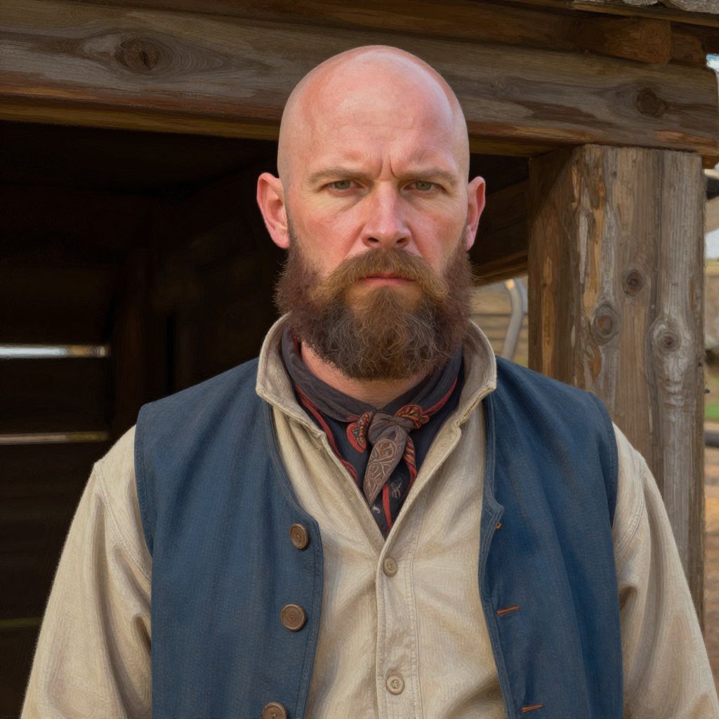 Portrait of Bearded Bald Man in Western Vintage Clothing