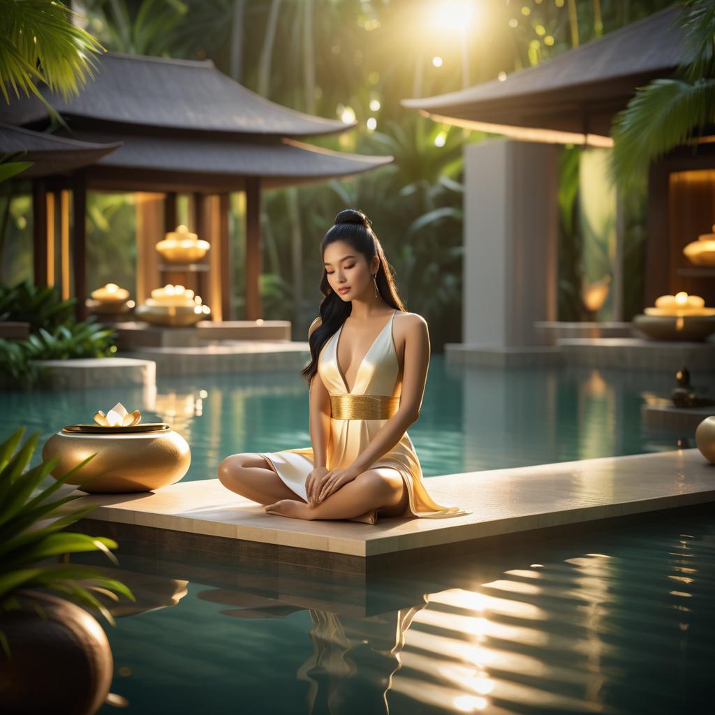 Woman Meditating by Tranquil Pool in Golden Dress